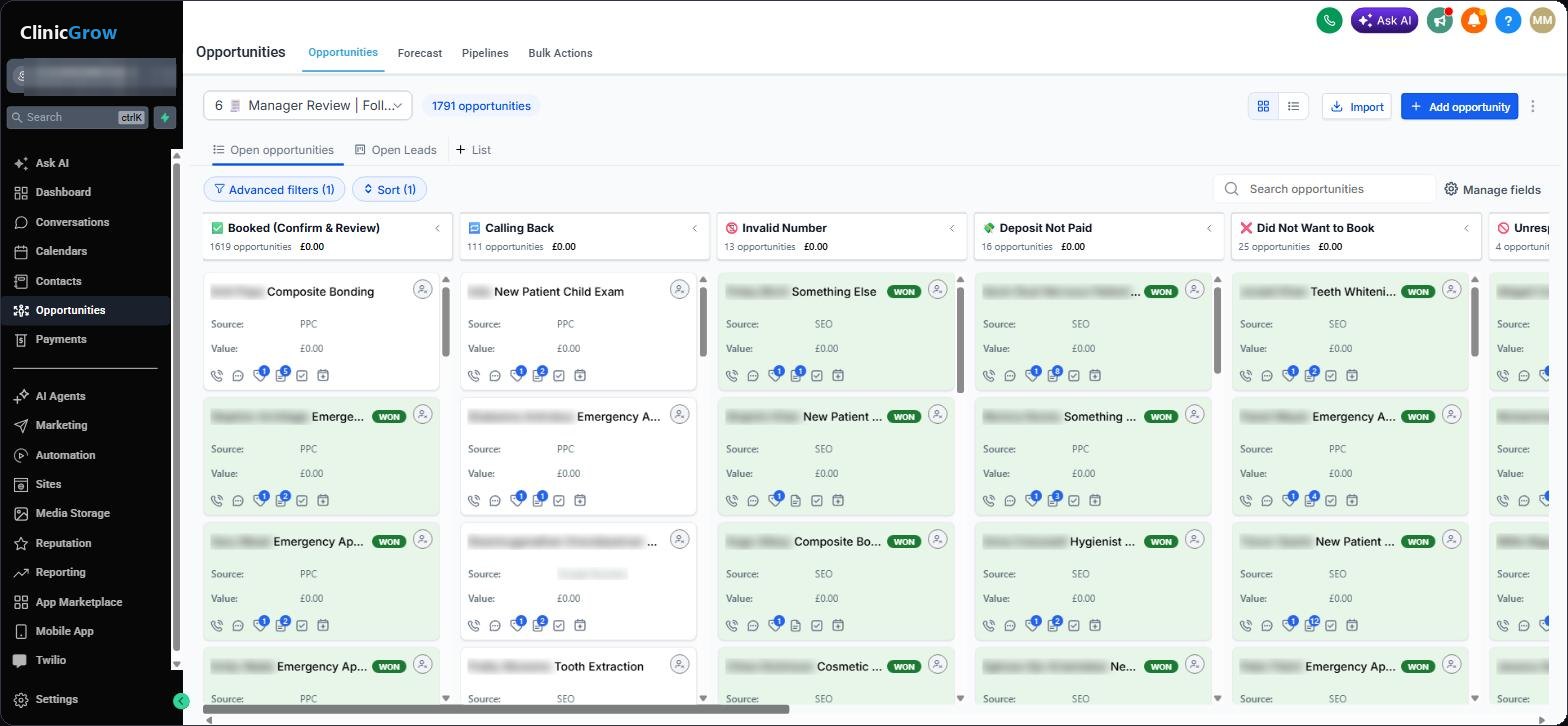 ClinicGrow follow-up pipeline showing 1,791 enquiries with 1,619 booked